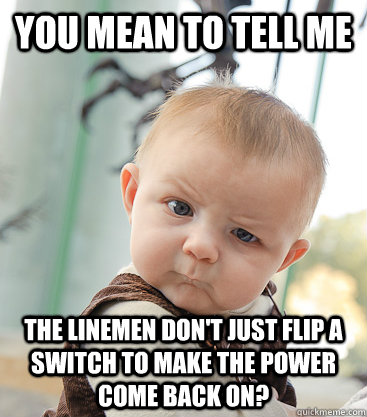 you mean to tell me the linemen don't just flip a switch to make the power come back on?  skeptical baby