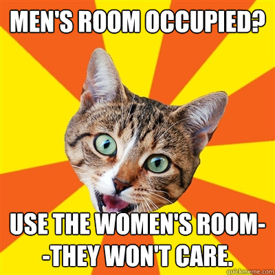 Men's room occupied? Use the women's room--they won't care.  Bad Advice Cat