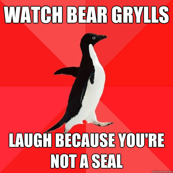 watch bear grylls laugh because you're not a seal  Socially Awesome Penguin