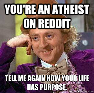 You're an atheist on reddit Tell me again how your life has purpose.  Condescending Wonka