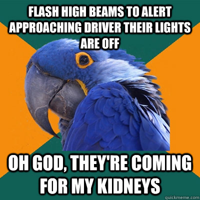 flash high beams to alert approaching driver their lights are off Oh God, they're coming for my kidneys  Paranoid Parrot