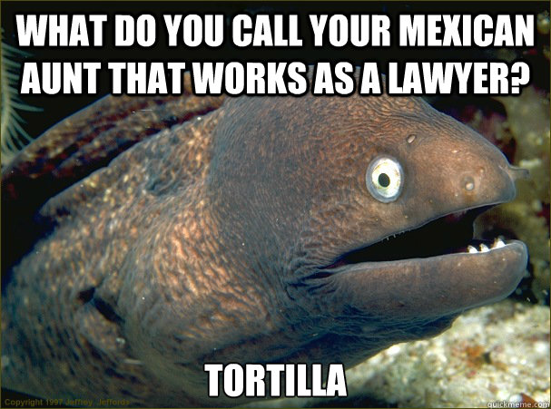 What do you call your mexican aunt that works as a lawyer? Tortilla  Bad Joke Eel