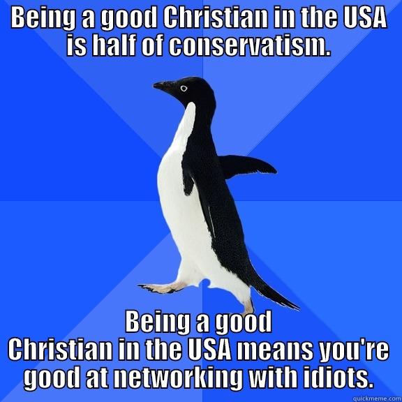 BEING A GOOD CHRISTIAN IN THE USA IS HALF OF CONSERVATISM. BEING A GOOD CHRISTIAN IN THE USA MEANS YOU'RE GOOD AT NETWORKING WITH IDIOTS. Socially Awkward Penguin