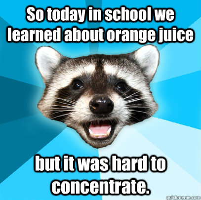 So today in school we learned about orange juice but it was hard to concentrate.  Lame Pun Coon