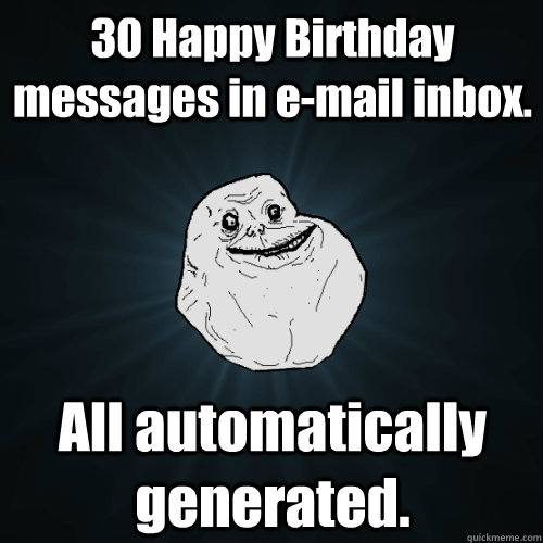 30 Happy Birthday messages in e-mail inbox. All automatically generated.  Forever Alone