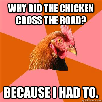 why did the chicken cross the road? because i had to.  Anti-Joke Chicken