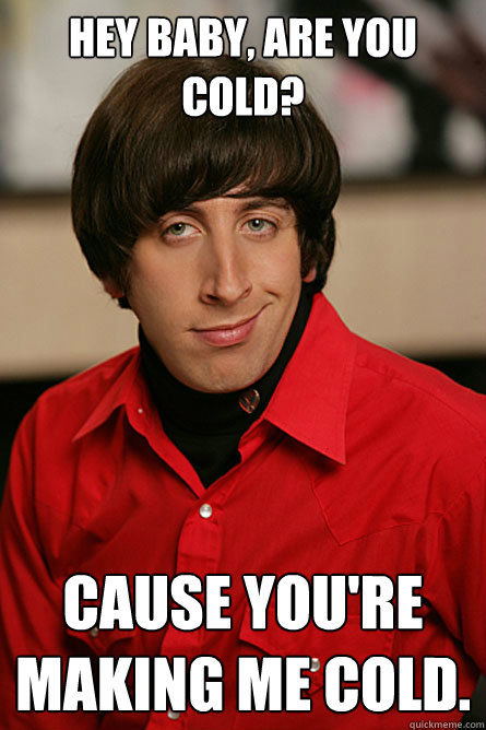 HEY BABY, ARE YOU COLD? CAUSE YOU'RE MAKING ME COLD.  Pickup Line Scientist