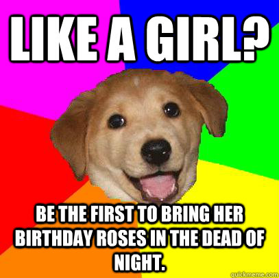 LIKE A GIRL? Be the first to bring her birthday roses in the dead of night.  Advice Dog