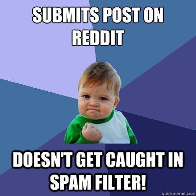 Submits post on Reddit Doesn't get caught in Spam Filter!  Success Kid