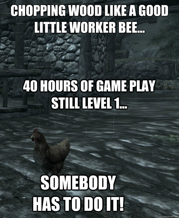 Chopping wood like a good little worker bee... 40 hours of game play still level 1... Somebody has to do it!  Skyrim Logic