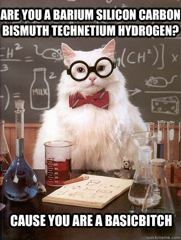 Are you a Barium Silicon Carbon Bismuth Technetium Hydrogen? Cause you are a BaSiCBiTcH  Chemistry Cat