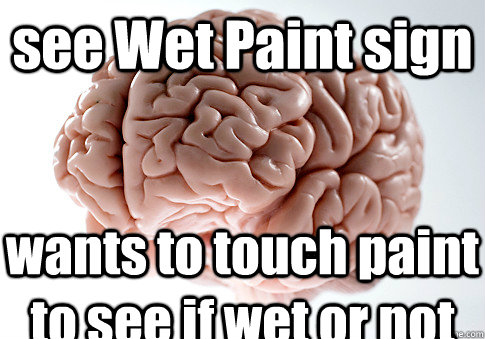 see Wet Paint sign wants to touch paint to see if wet or not  Scumbag Brain