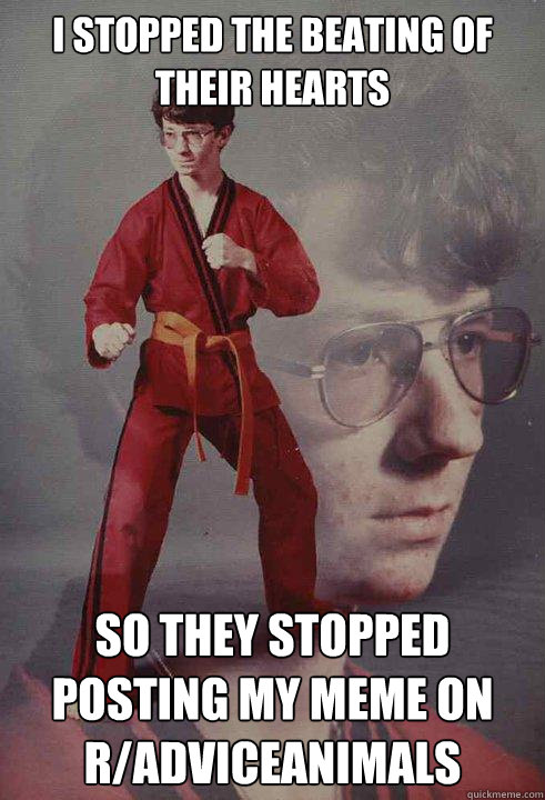 I stopped the beating of their hearts So they stopped posting my meme on r/adviceanimals  Karate Kyle