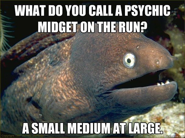what do you call a psychic midget on the run? a small medium at large. - what do you call a psychic midget on the run? a small medium at large.  Bad Joke Eel