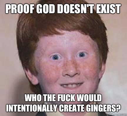 Proof god doesn't exist Who the fuck would intentionally create gingers?  Over Confident Ginger