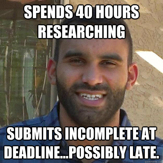 Spends 40 hours researching Submits incomplete at deadline...possibly late.  law school fail