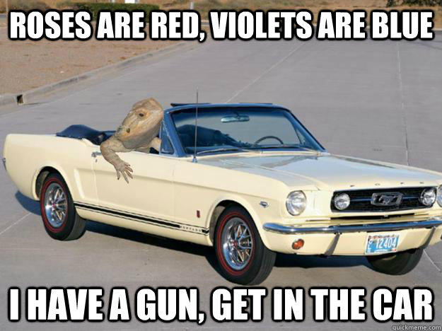 Roses are red, Violets are blue I have a gun, get in the car  