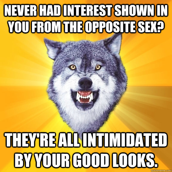 Never had interest shown in you from the opposite sex? They're all intimidated by your good looks.  Courage Wolf