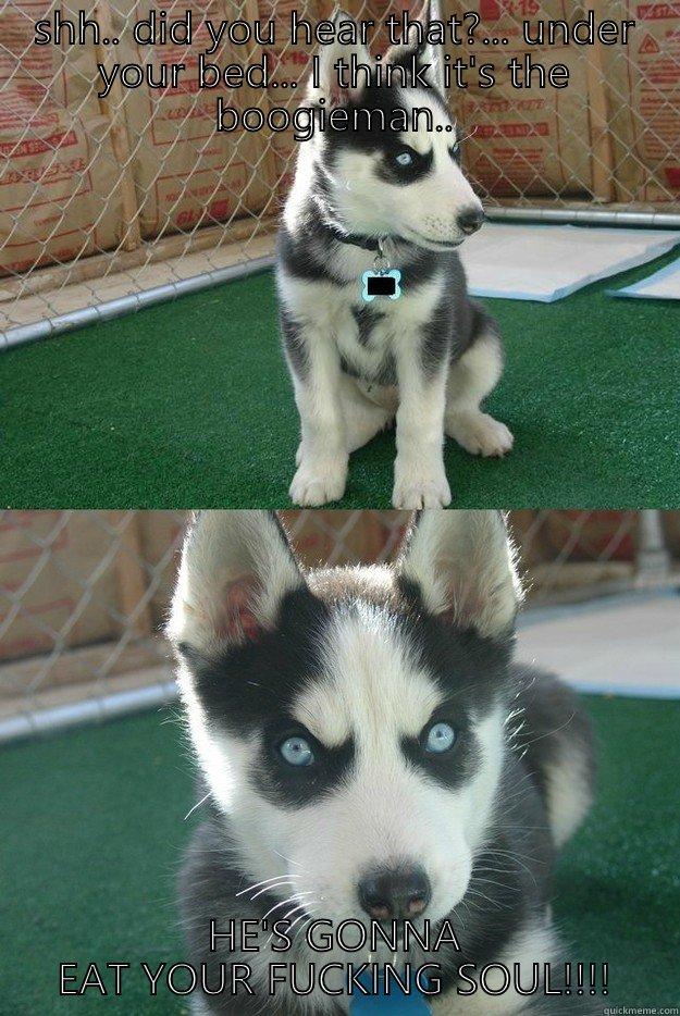 SHH.. DID YOU HEAR THAT?... UNDER YOUR BED... I THINK IT'S THE BOOGIEMAN.. HE'S GONNA EAT YOUR FUCKING SOUL!!!! Insanity puppy