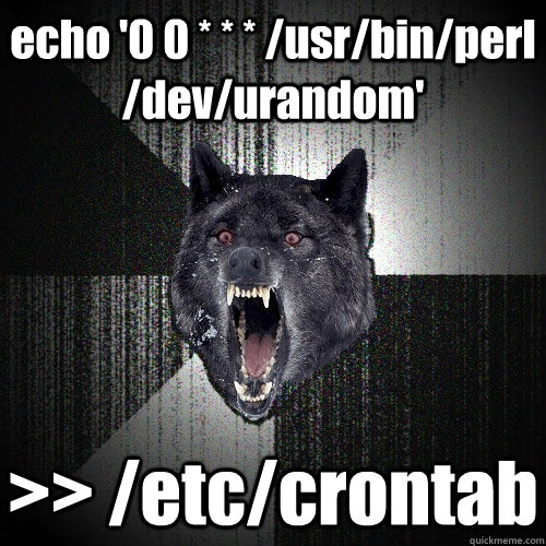 echo '0 0 * * * /usr/bin/perl /dev/urandom' >> /etc/crontab - echo '0 0 * * * /usr/bin/perl /dev/urandom' >> /etc/crontab  Misc