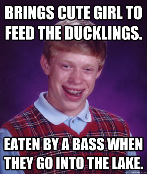 Brings cute girl to feed the ducklings. Eaten by a bass when they go into the lake.  Bad Luck Brian