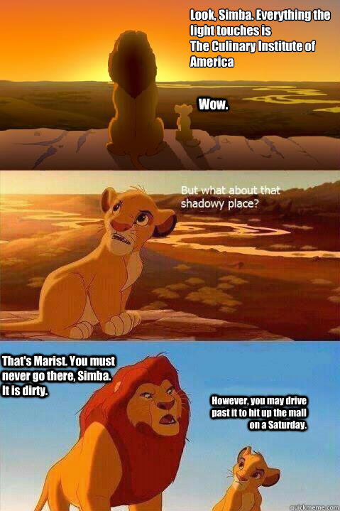 Look, Simba. Everything the light touches is 
The Culinary Institute of America Wow. That's Marist. You must never go there, Simba. It is dirty.  However, you may drive past it to hit up the mall on a Saturday.  Lion King Shadowy Place