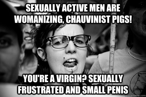 sexually active men are womanizing, chauvinist pigs! you're a virgin? sexually frustrated and small penis  Hypocrite Feminist