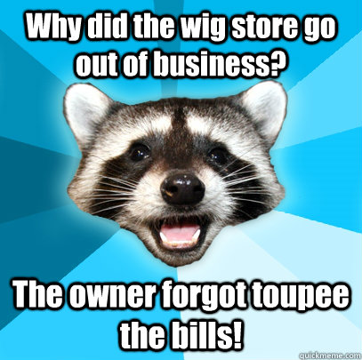 Why did the wig store go out of business? The owner forgot toupee the bills!   Lame Pun Coon