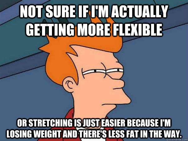 Not sure if I'm actually getting more flexible Or stretching is just easier because I'm losing weight and there's less fat in the way.  Futurama Fry