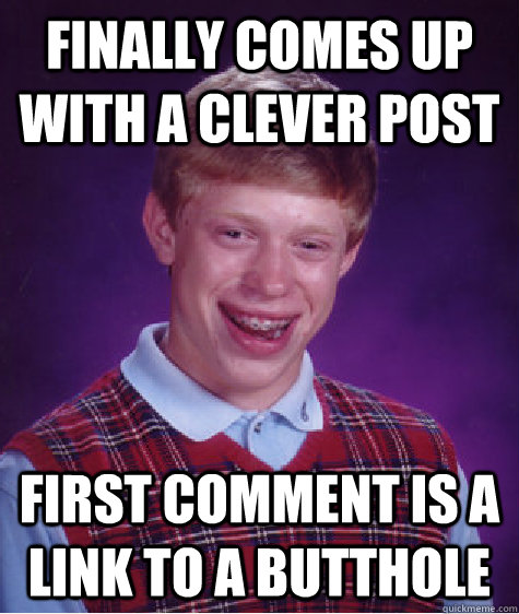 Finally Comes up with a Clever Post First comment is a link to a butthole  Bad Luck Brian