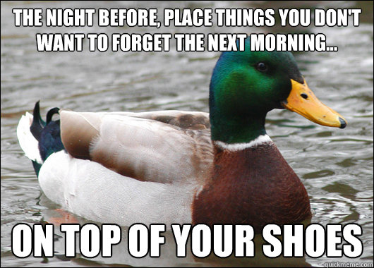 The night before, Place things you don't want to forget the next morning... on top of your shoes  Actual Advice Mallard