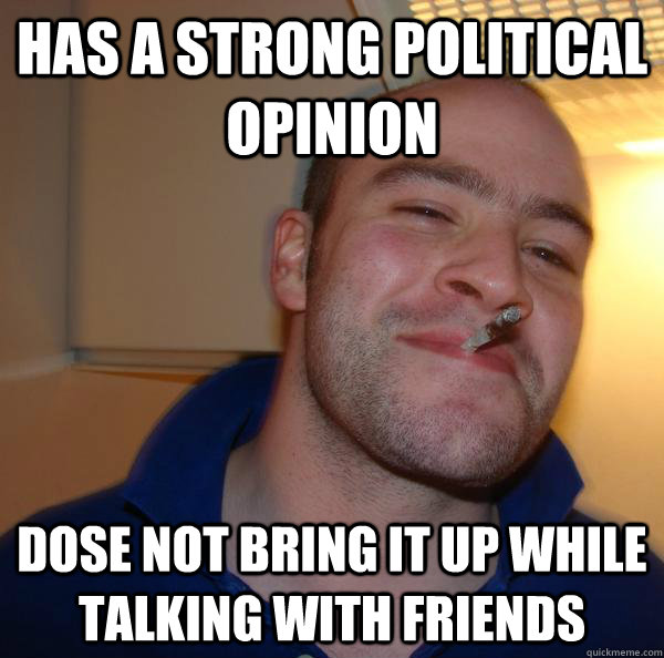 has a strong political opinion dose not bring it up while talking with friends  - has a strong political opinion dose not bring it up while talking with friends   Misc