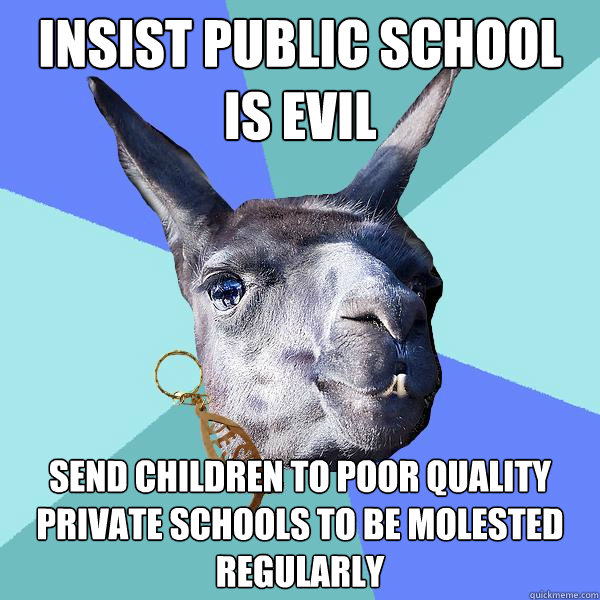 Insist Public school is evil Send children to poor quality private schools to be molested regularly  Christian Mama Llama