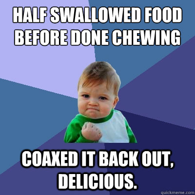 Half Swallowed Food Before Done Chewing coaxed it back out, delicious.  Success Kid