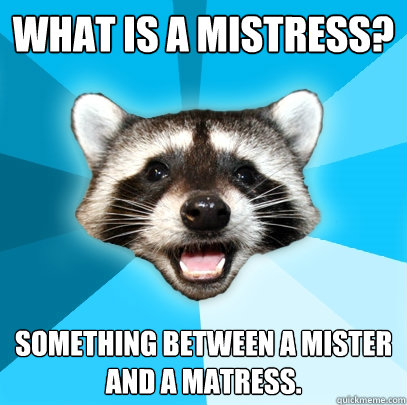 What is a mistress? something between a mister
and a matress.  - What is a mistress? something between a mister
and a matress.   Lame Pun Coon