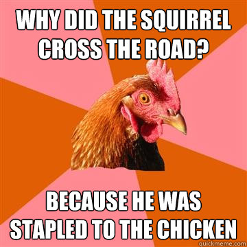 Why did the squirrel cross the road? Because he was stapled to the chicken  Anti-Joke Chicken