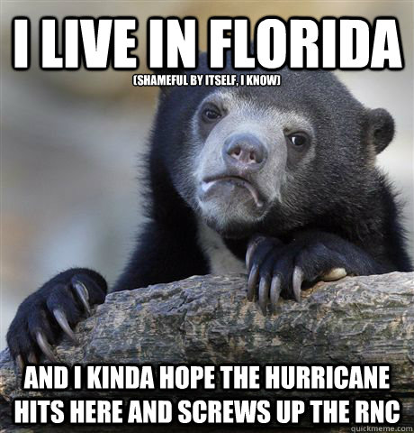 i live in florida and i kinda hope the hurricane hits here and screws up the rnc (shameful by itself, i know)  Confession Bear