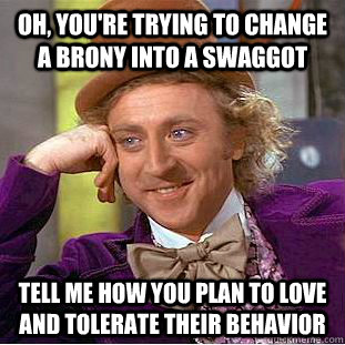 Oh, you're trying to change a brony into a swaggot Tell me how you plan to love and tolerate their behavior   Condescending Wonka