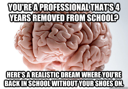 You're a professional that's 4 years removed from school? Here's a realistic dream where you're back in school without your shoes on.  Scumbag Brain