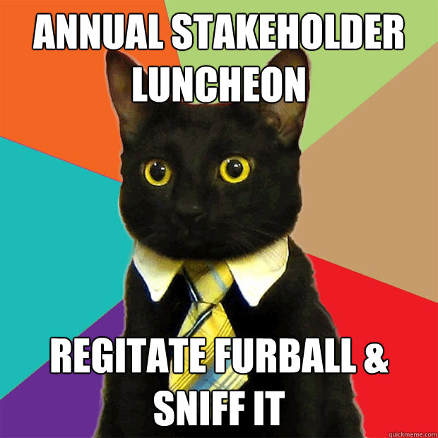 Annual stakeholder luncheon regitate furball & sniff it  Business Cat