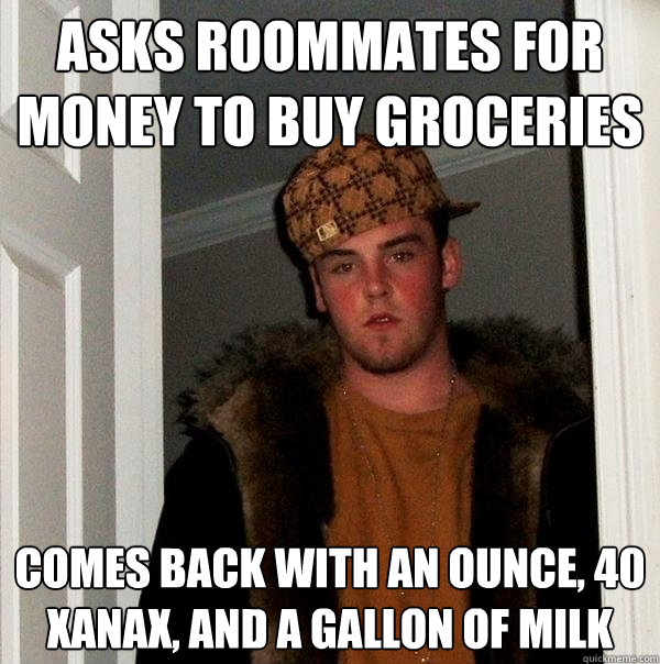 asks roommates for money to buy groceries  comes back with an ounce, 40 xanax, and a gallon of milk  Scumbag Steve