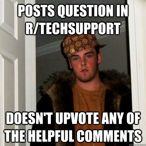 Posts question in r/techsupport Doesn't upvote any of the helpful comments  Scumbag Steve