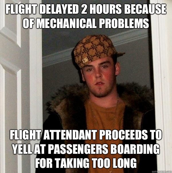 Flight delayed 2 hours because of mechanical problems Flight attendant proceeds to yell at passengers boarding for taking too long  Scumbag Steve