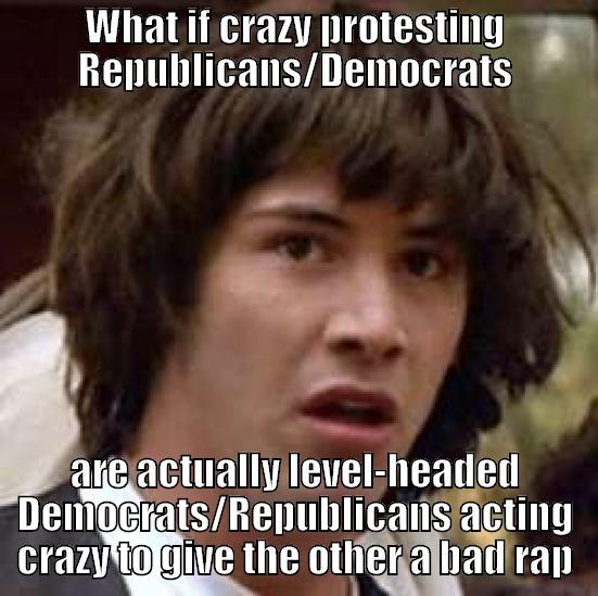 Protestor Conspiracy - WHAT IF CRAZY PROTESTING REPUBLICANS/DEMOCRATS ARE ACTUALLY LEVEL-HEADED DEMOCRATS/REPUBLICANS ACTING CRAZY TO GIVE THE OTHER A BAD RAP conspiracy keanu