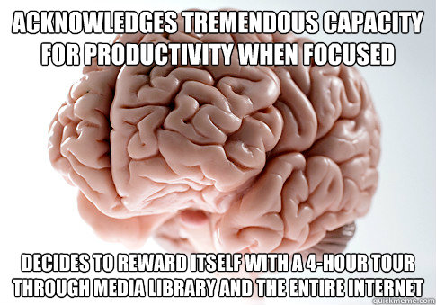 acknowledges tremendous capacity for productivity when focused 
 Decides to reward itself with a 4-hour tour through media library and the entire internet - acknowledges tremendous capacity for productivity when focused 
 Decides to reward itself with a 4-hour tour through media library and the entire internet  Scumbag Brain