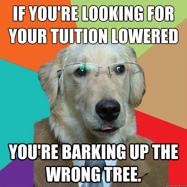 If you're looking for your tuition lowered You're barking up the wrong tree. - If you're looking for your tuition lowered You're barking up the wrong tree.  Business Dog