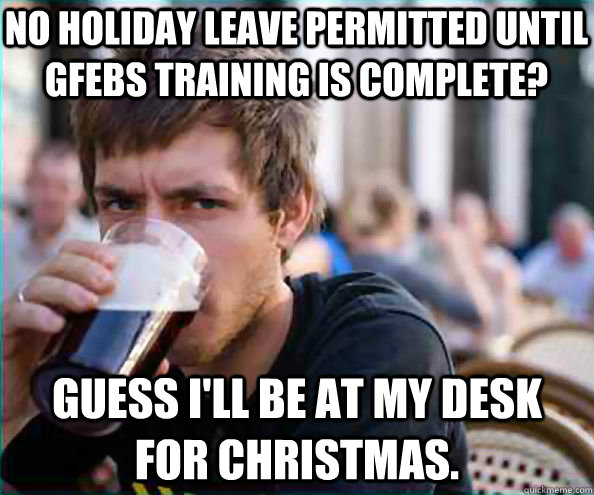 no holiday leave permitted until gfebs training is complete? guess i'll be at my desk for christmas. - no holiday leave permitted until gfebs training is complete? guess i'll be at my desk for christmas.  College Senior