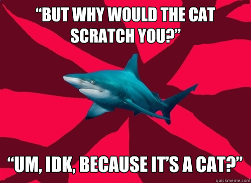 “But why would the cat scratch you?” “Um, IDK, because it’s a cat?”   Self-Injury Shark