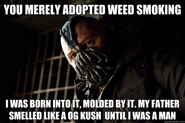 You merely adopted weed smoking I was born into it, molded by it. My father smelled like a OG Kush  until I was a man  Angry Bane