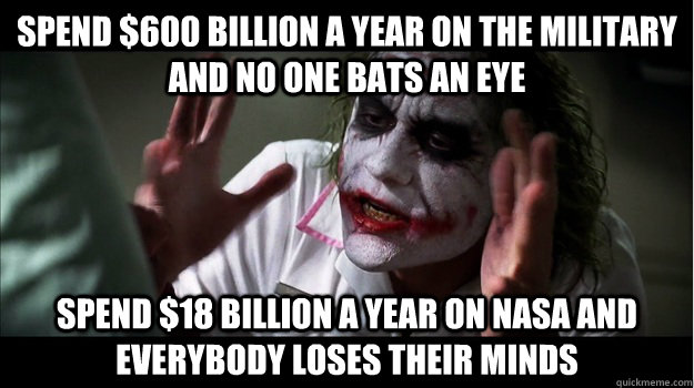 spend $600 billion a year on the military and no one bats an eye spend $18 billion a year on nasa and everybody loses their minds  Joker Mind Loss